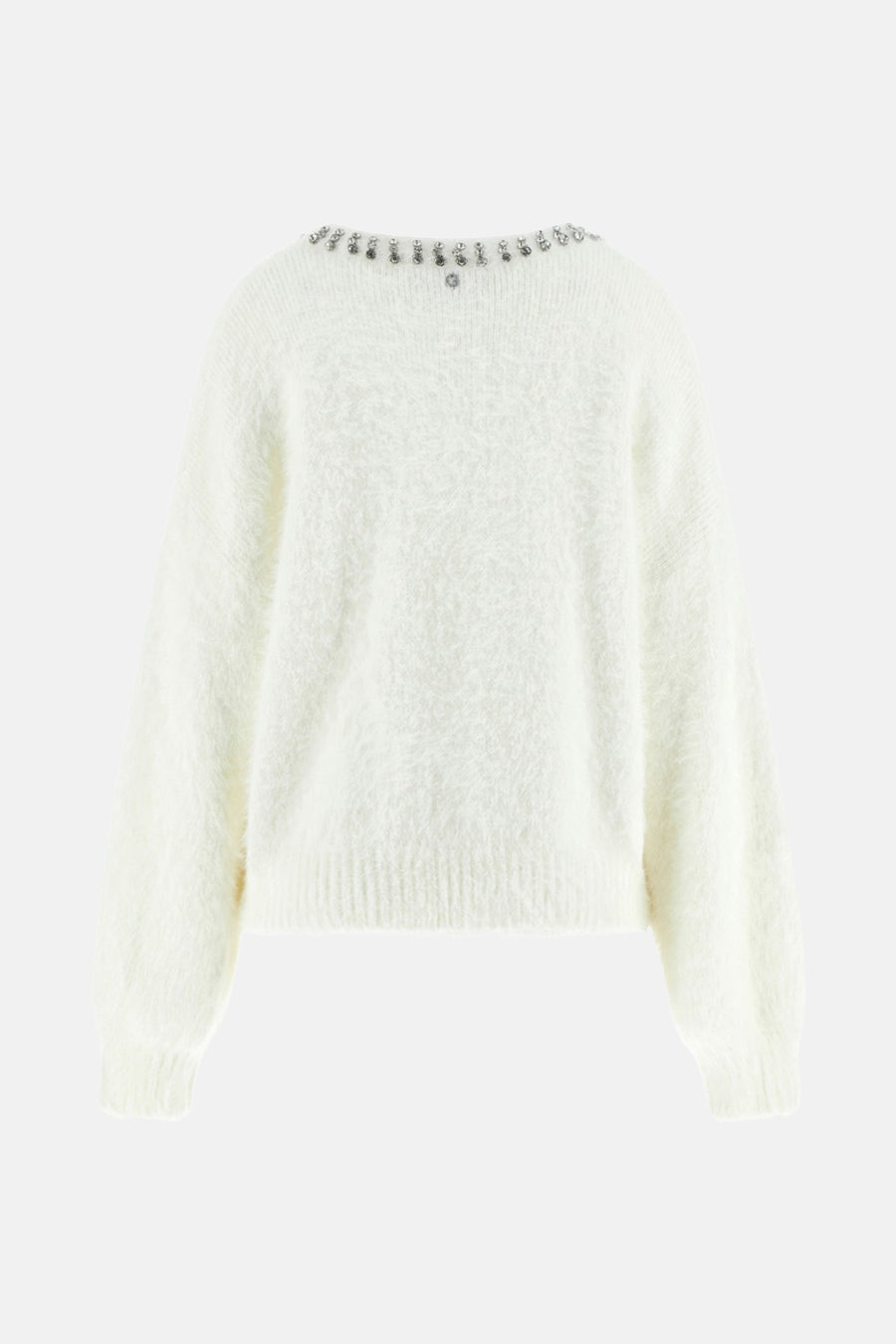 Witte rondehals trui van Guess versierd met zilveren decoratieve details bij de halslijn.