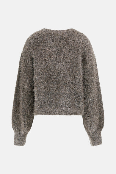 Taupe trui met ronde hals van Guess, met een pluizige textuur.