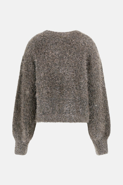 Taupe trui met ronde hals van Guess, met een pluizige textuur.