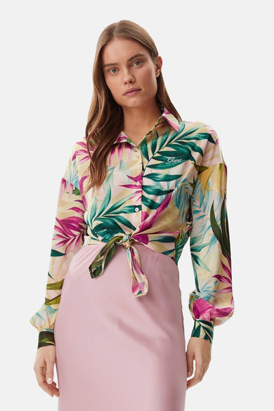 Blouse multicolore à manches longues par Guess, avec motif floral et détail noué.