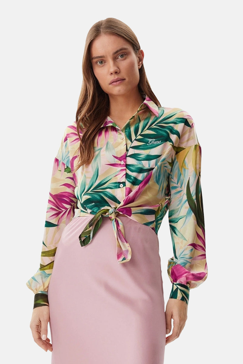 Blouse multicolore à manches longues par Guess, avec motif floral et détail noué.