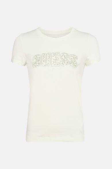 Groen T-shirt met korte mouwen van Guess versierd met strass en de tekst "Est. 1981".