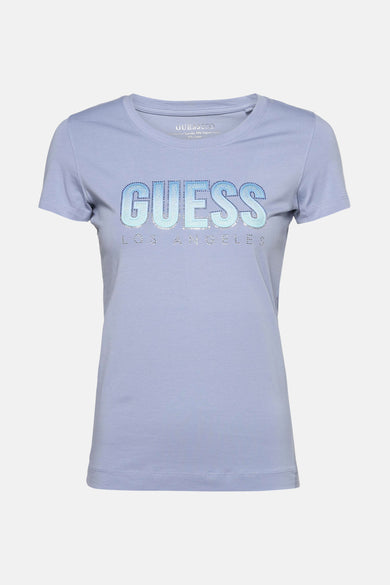 Blauw T-shirt met korte mouwen van Guess met sprankelende strass-opdruk en een verloop op de voorkant.