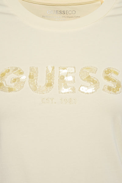Gele T-shirt met korte mouwen van Guess, met glitteropdruk en geborduurd "EST. 1981".