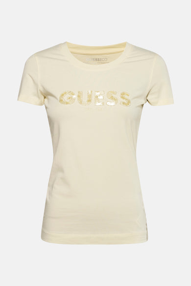 Gele T-shirt met korte mouwen van Guess, met glitterlogo en opschrift "Est. 1981".