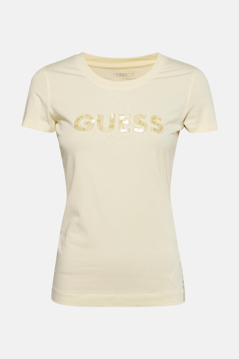 Gele T-shirt met korte mouwen van Guess, met glitterlogo en opschrift "Est. 1981".