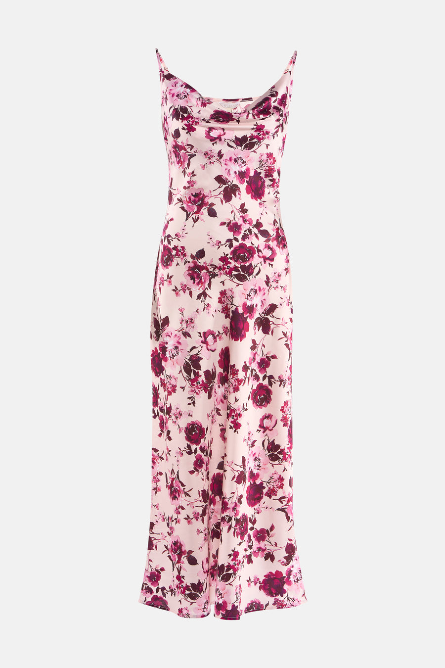 Multikleuren jurk met bandjes van Guess, met bordeauxrode en roze bloemenprint.