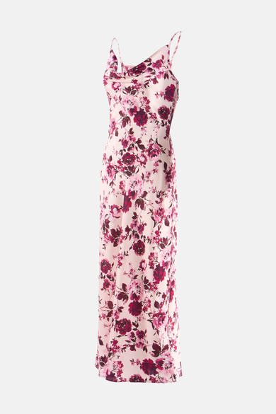 Multikleurenjurk van Guess®, met roze en bordeauxrood bloemenpatroon, met dunne bandjes.