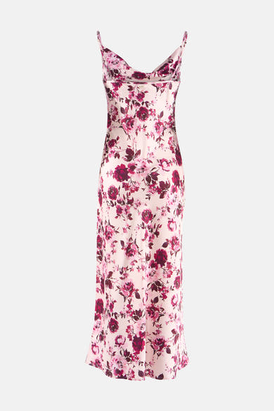 Robe multicolore à bretelles de Guess, avec motif floral bordeaux et rose.