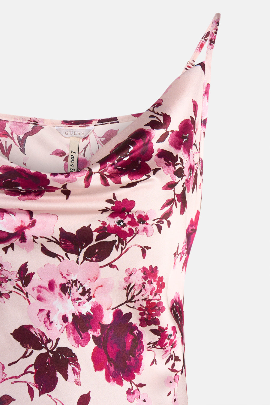 Multikleurenjurk van Guess, met roze en rode bloemenprint en dunne bandjes.
