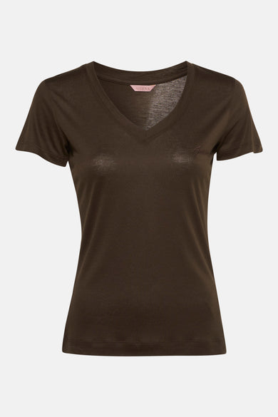 T-shirt uni marron à manches courtes de Guess, avec logo brodé ton sur ton discret.
