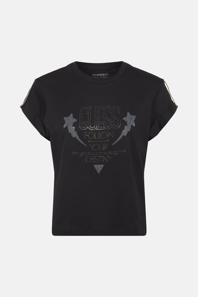 T-shirt noir à manches courtes de Guess, orné d'un motif scintillant avec inscription "Follow Your Destiny".