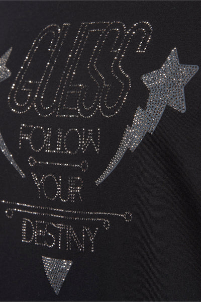 T-shirt noir à manches courtes de Guess orné de strass scintillants et d'un motif graphique.
