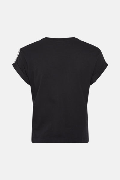 Zwart T-shirt met korte mouwen van Guess, met decoratief kettingdetail op de schouders.