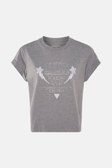 T-shirt gris à manches courtes de Guess, orné d'un motif décoratif brillant avec inscription.