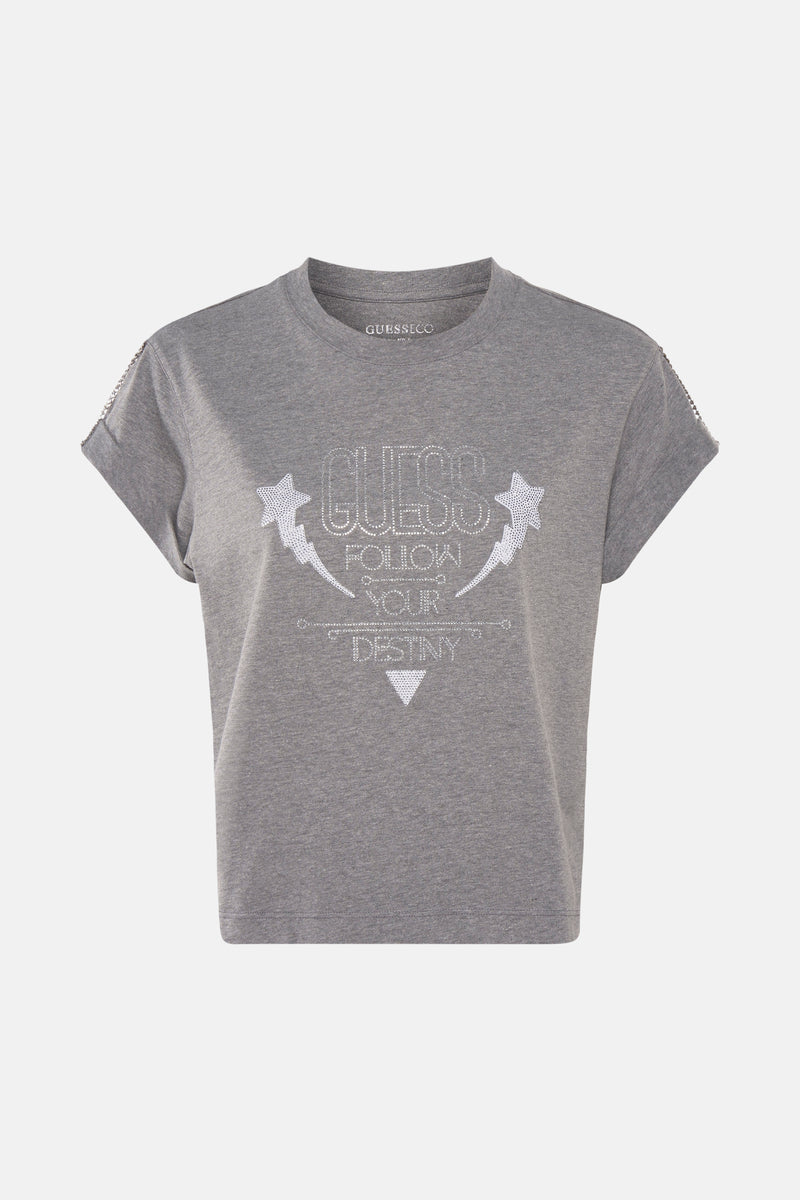 T-shirt gris à manches courtes de Guess, orné d'un motif décoratif brillant avec inscription.