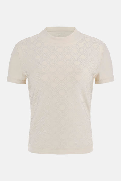 Ecru T-shirt met korte mouwen van Guess, met geometrisch toon-op-toon motief in mesh.