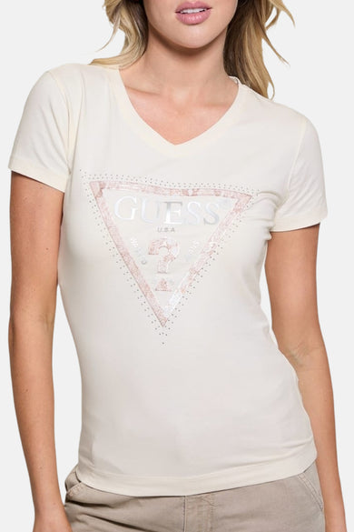 T-shirt à manches courtes blanc de Guess avec logo triangulaire argenté et détails strass.