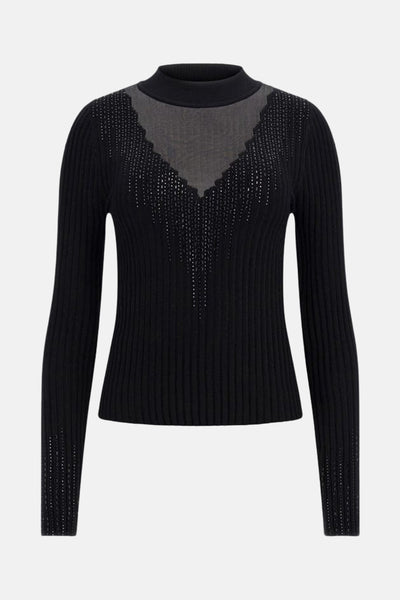 Pull col montant noir de Guess, avec détails ajourés et empiècement transparent en V.
