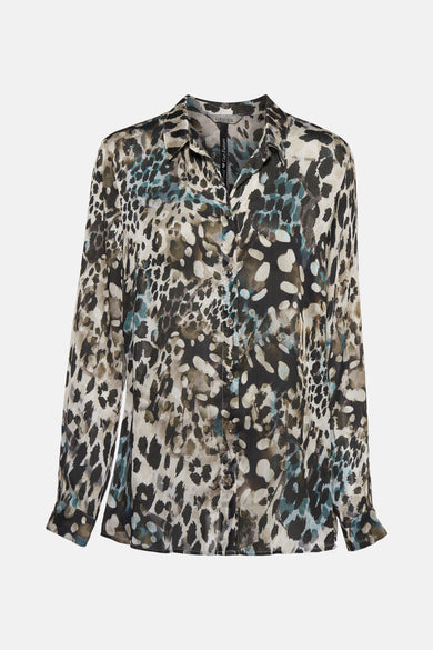 Chemise à manches longues verte par Guess, à motif animalier tacheté noir et bleu.
