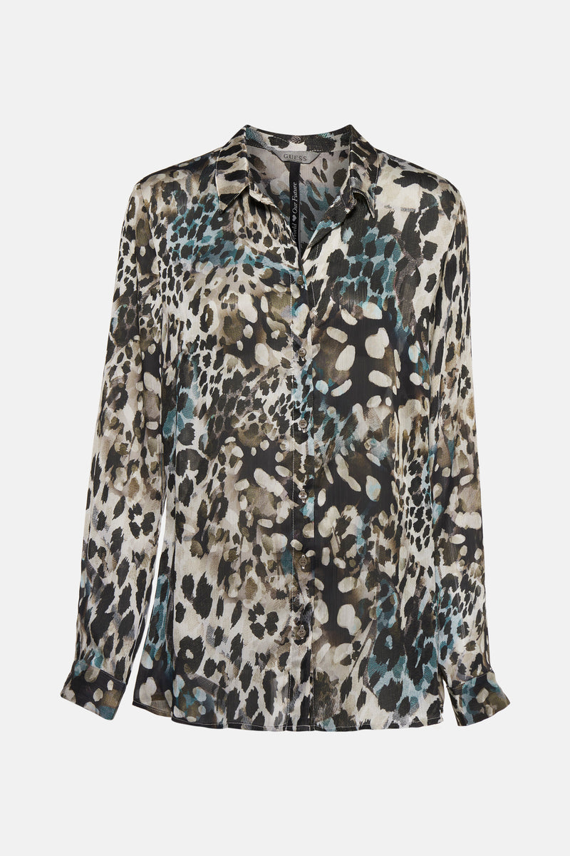 Chemise à manches longues verte par Guess, à motif animalier tacheté noir et bleu.