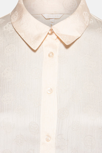 Beige blouse met lange mouwen van Guess met toon-op-toon patroon en decoratieve knoop bij de kraag.