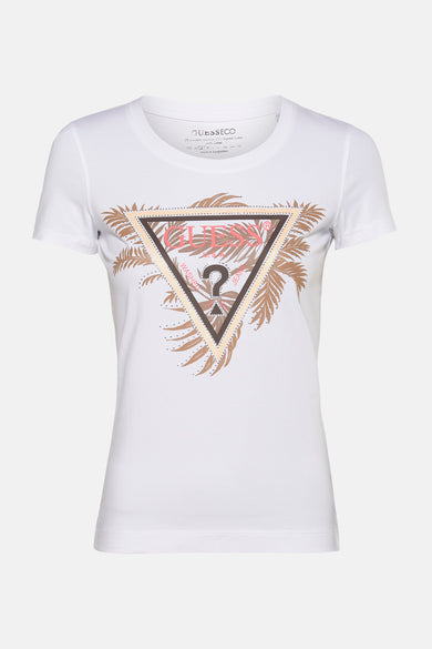 T-shirt blanc à manches courtes de Guess avec motif de palmier et logo triangulaire.
