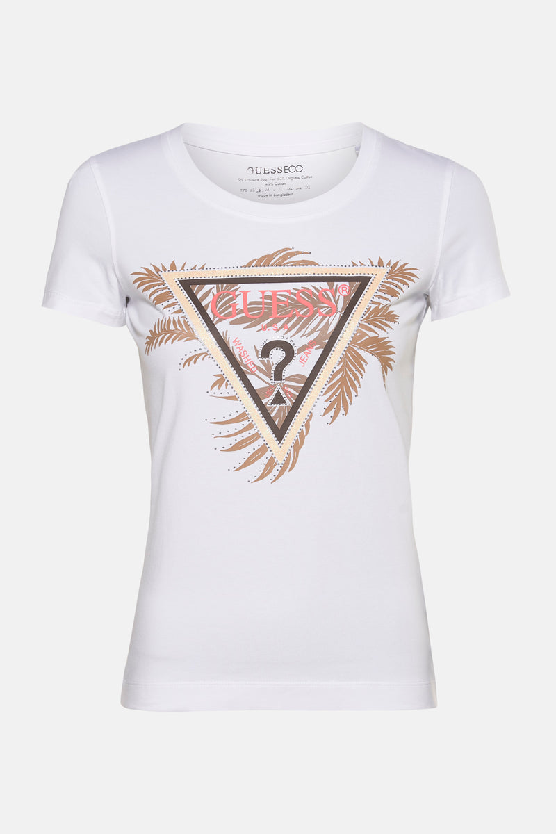 T-shirt blanc à manches courtes de Guess avec motif de palmier et logo triangulaire.
