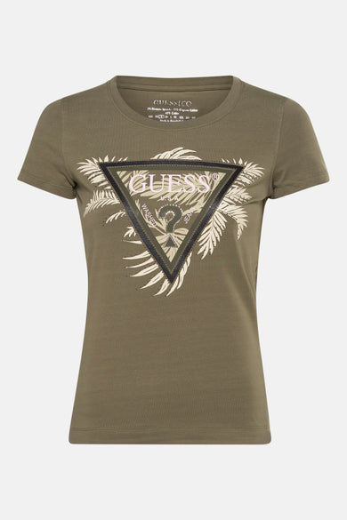 T-shirt à manches courtes vert de Guess, avec un logo triangulaire et un motif de feuilles de palmier.
