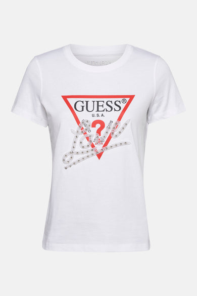 Wit T-shirt met korte mouwen van Guess, versierd met decoratieve kralen en strass op het logo.