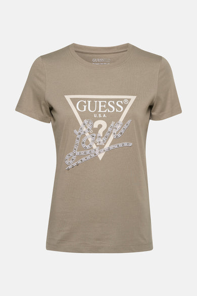 T-shirt kaki à manches courtes de Guess, avec logo imprimé et application de strass décoratifs.