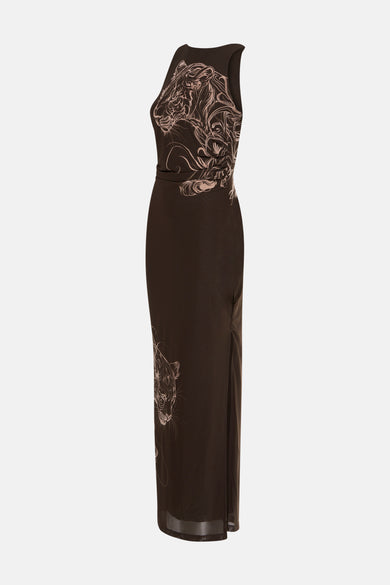 Bruine jurk van Guess® met kattenprint en zijsplit.