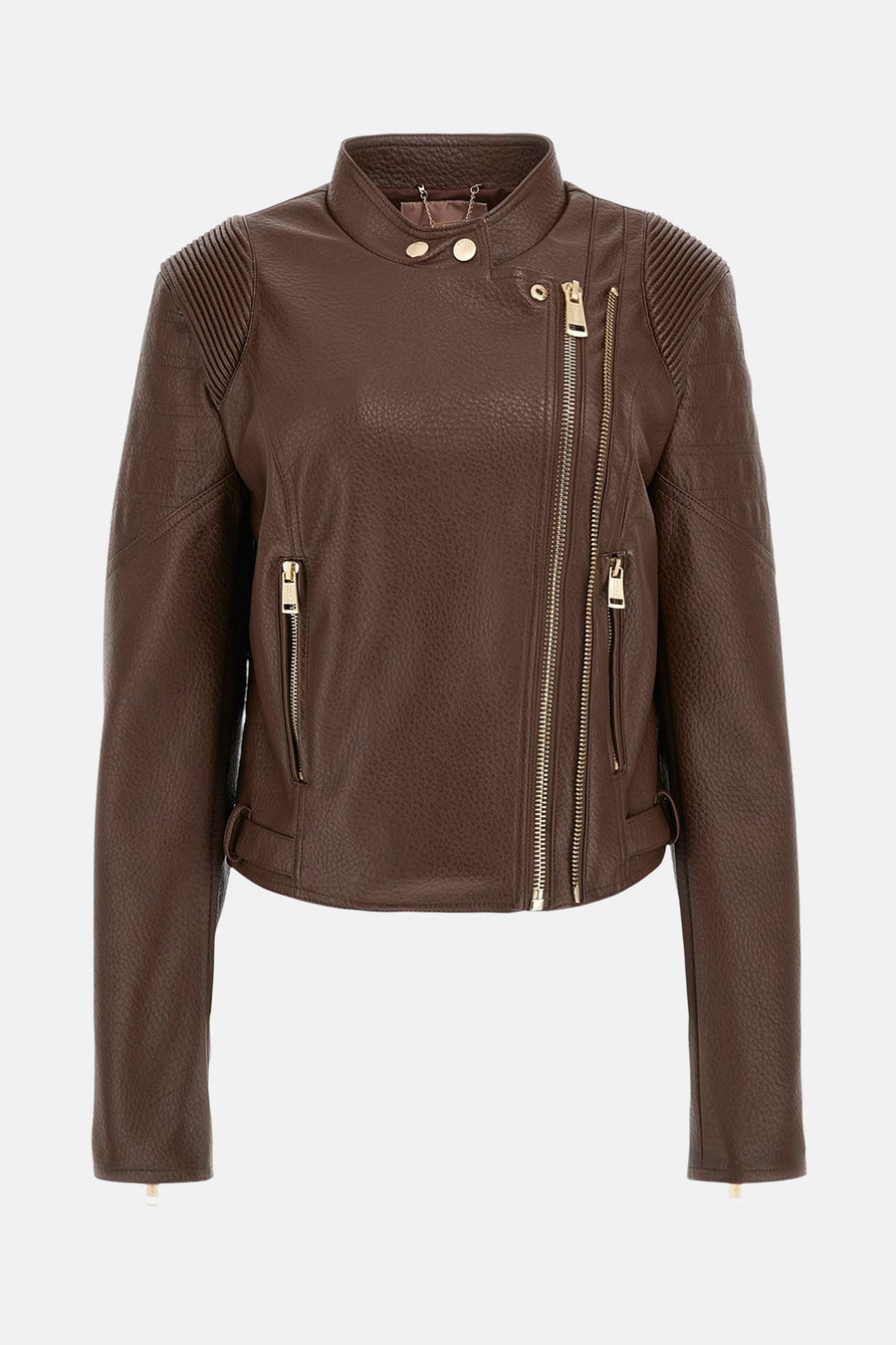 Veste en simili cuir marron de Guess, avec fermeture éclair asymétrique et détails matelassés aux épaules.
