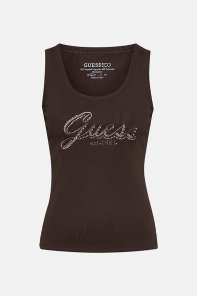 Débardeur brun en maille côtelée, de Guess, avec le logo brodé de strass.