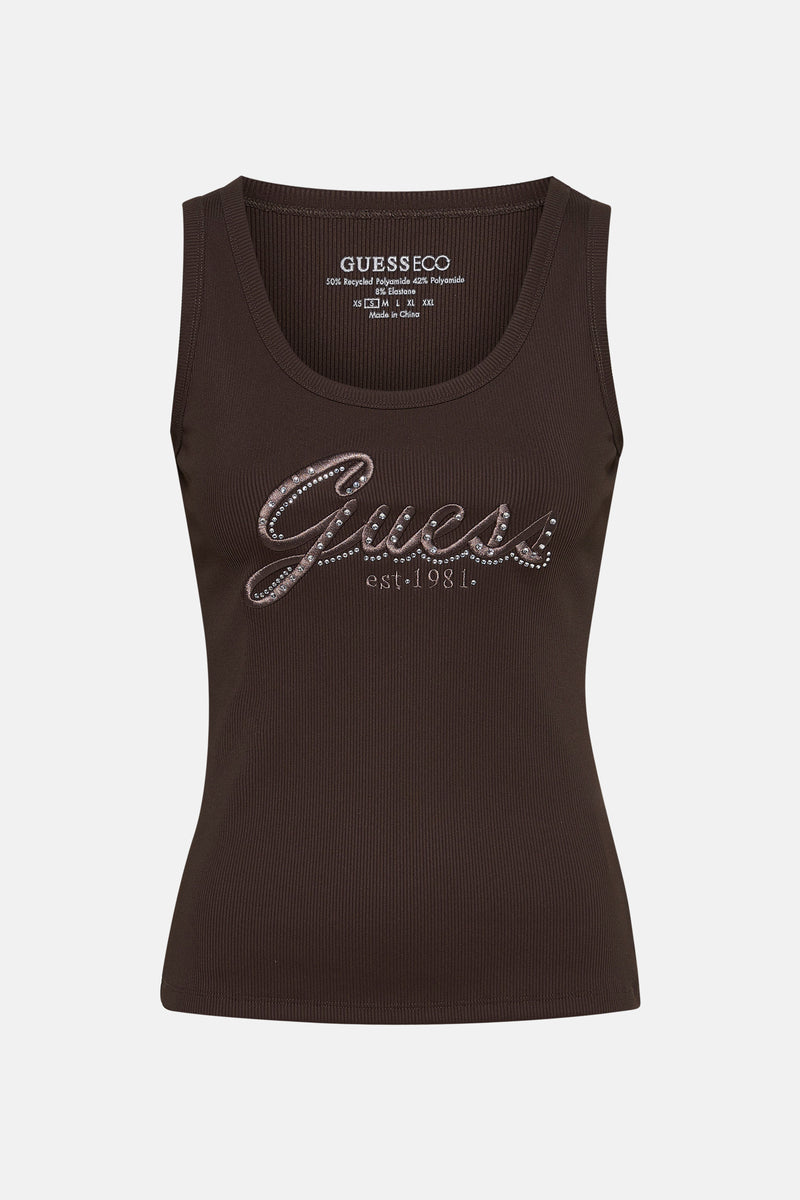 Débardeur brun en maille côtelée, de Guess, avec le logo brodé de strass.