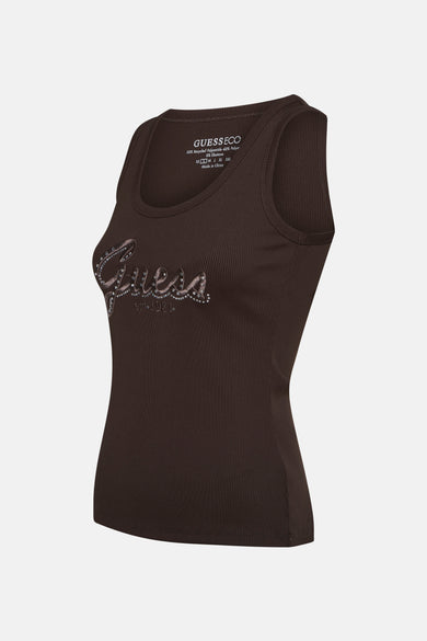 Débardeur brun côtelé de Guess avec le logo brodé de strass.
