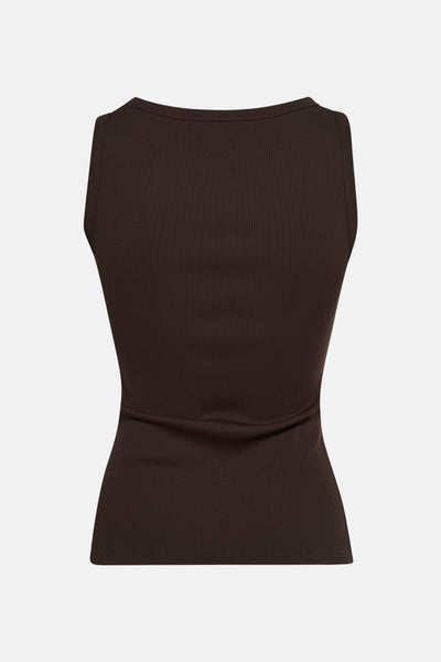 Débardeur côtelé brun de Guess, coupe ajustée, sans manches et sur fond uni.