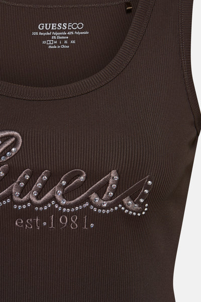 Bruine geribde tanktop van Guess met strass-borduursel en de tekst "est. 1981".