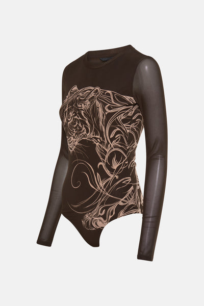 T-shirt marron à manches longues de Guess avec motif tête de tigre stylisée sur le devant.
