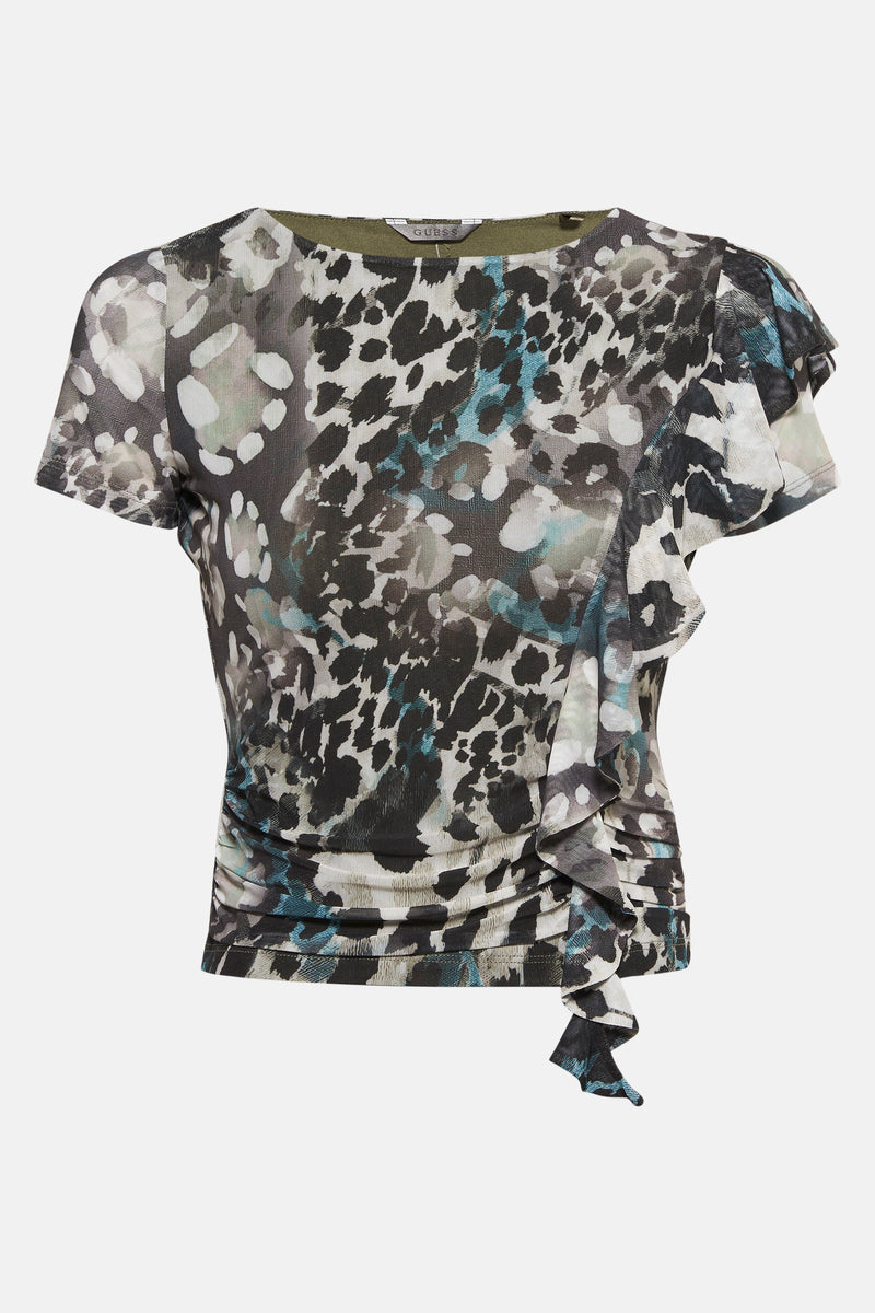 T-shirt à manches courtes multicolore par Guess, avec motif peau de serpent, détail volant et lien à nouer.
