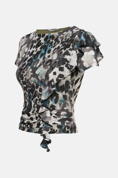 T-shirt à manches courtes multicolore de Guess, avec imprimé animalier et volant décoratif sur le côté.