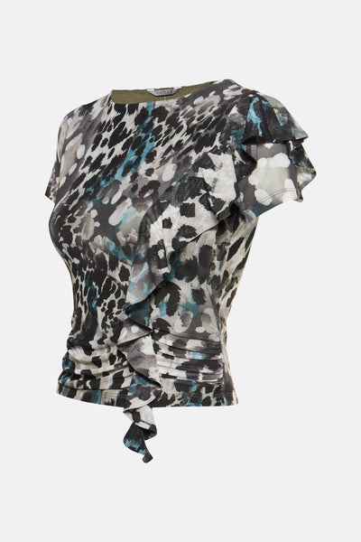 T-shirt à manches courtes multicolore de Guess, avec imprimé animalier et volant décoratif sur le côté.