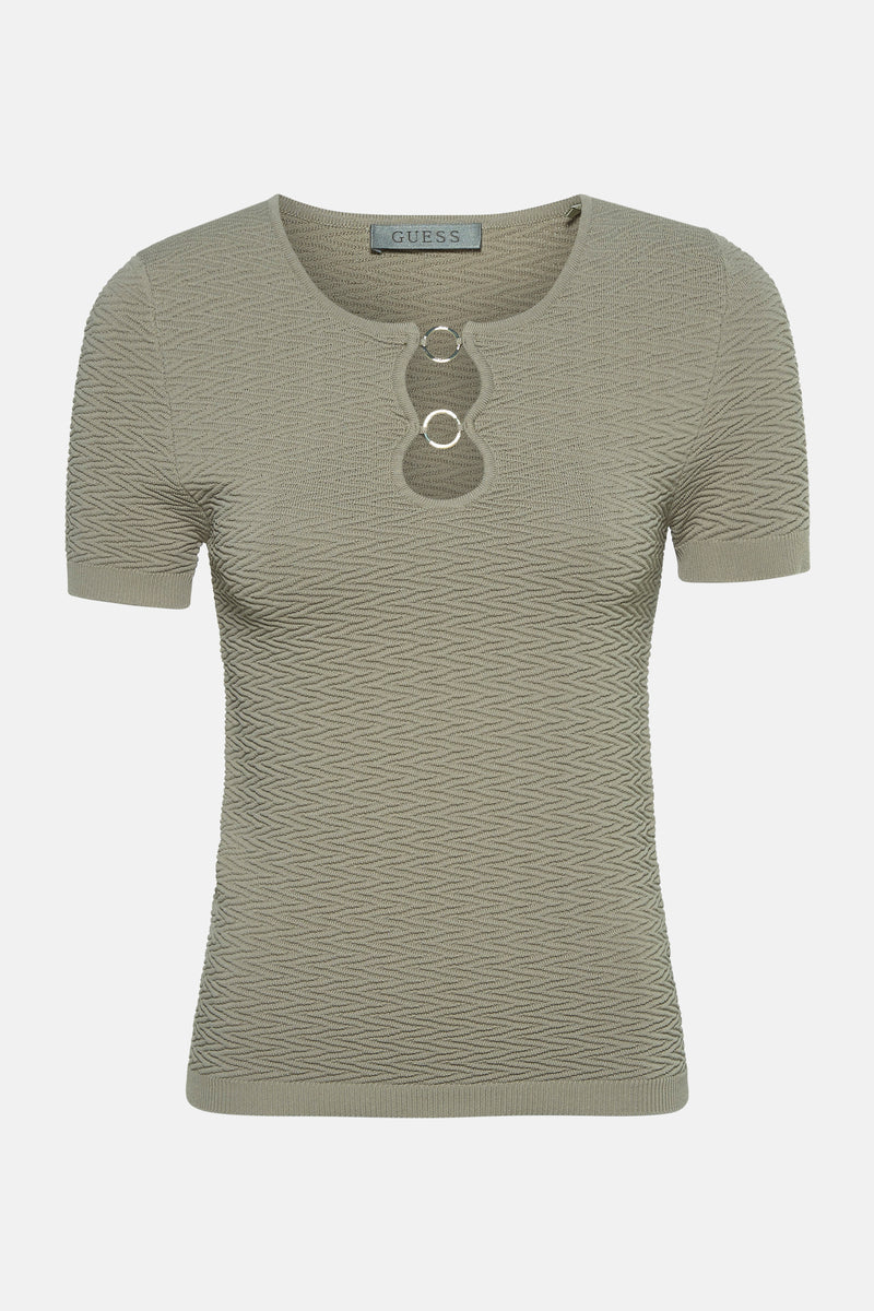 T-shirt kaki à manches courtes de Guess, avec texture en zigzag et deux anneaux décoratifs à l'encolure.