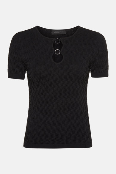 T-shirt noir à manches courtes de Guess avec motif texturé et détails métalliques ronds.
