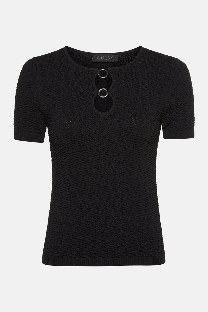 T-shirt noir à manches courtes de Guess avec motif texturé et détails métalliques ronds.