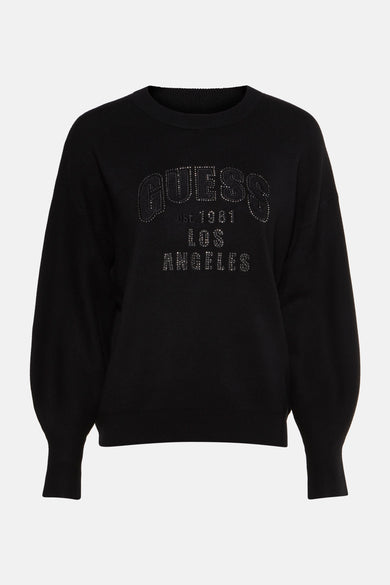 Pull col rond noir de Guess orné d'un logo en strass étincelant sur le devant.