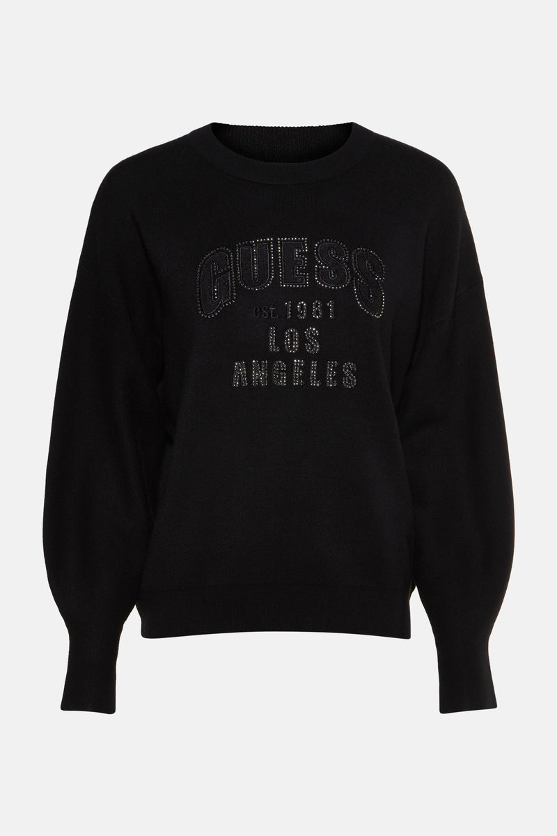 Pull col rond noir de Guess orné d'un logo en strass étincelant sur le devant.