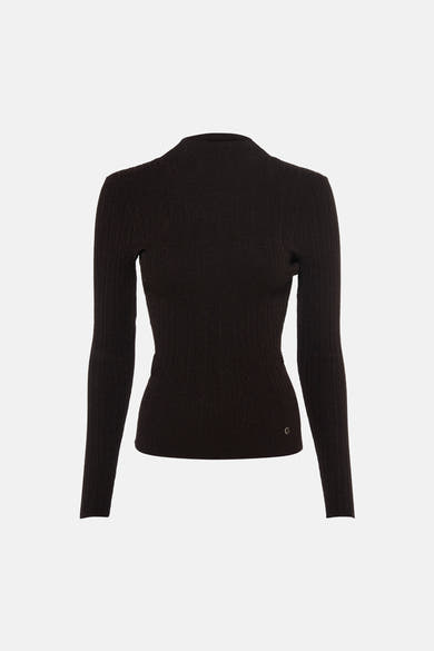 Pull col roulant brun à maille fine par Guess®, vue arrière, détail logo discret sur côté bas
