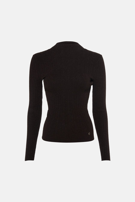 Pull col roulant brun à maille fine par Guess®, vue arrière, détail logo discret sur côté bas