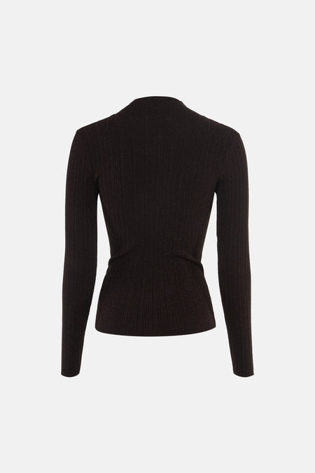 Pull col roulant brun par Guess®, vue dos, tricoté avec texture côtelée et fini scintillant